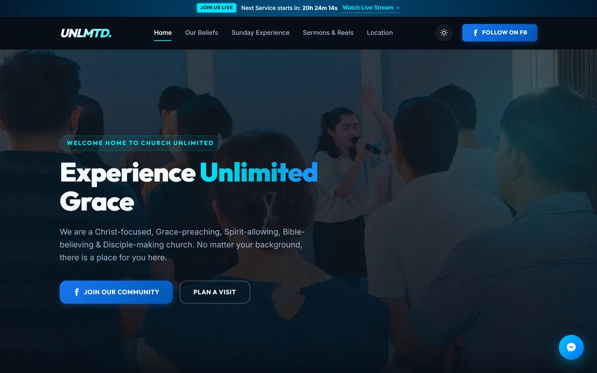 Church Unlimited PH homepage: the headline "Experience Unlimited Grace" over a photo of a worship service.
