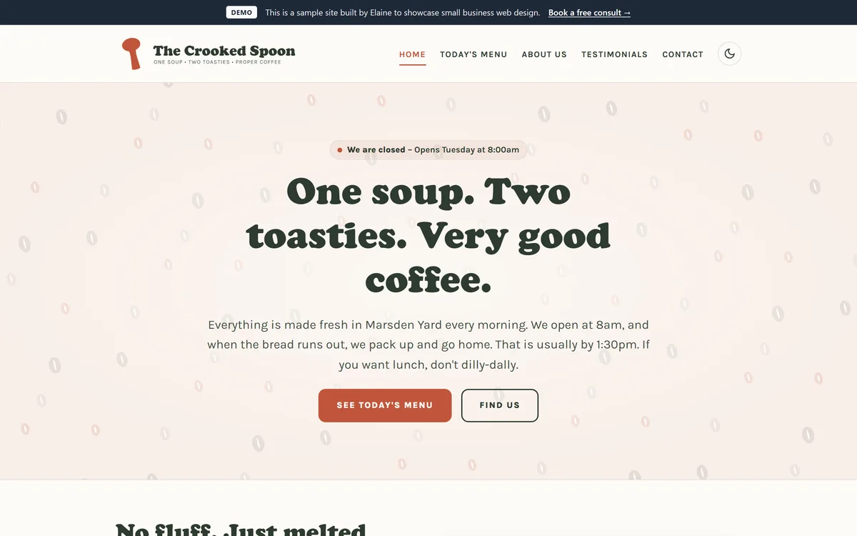 The Crooked Spoon homepage: the headline "One soup. Two toasties. Very good coffee." over a coffee-bean pattern.