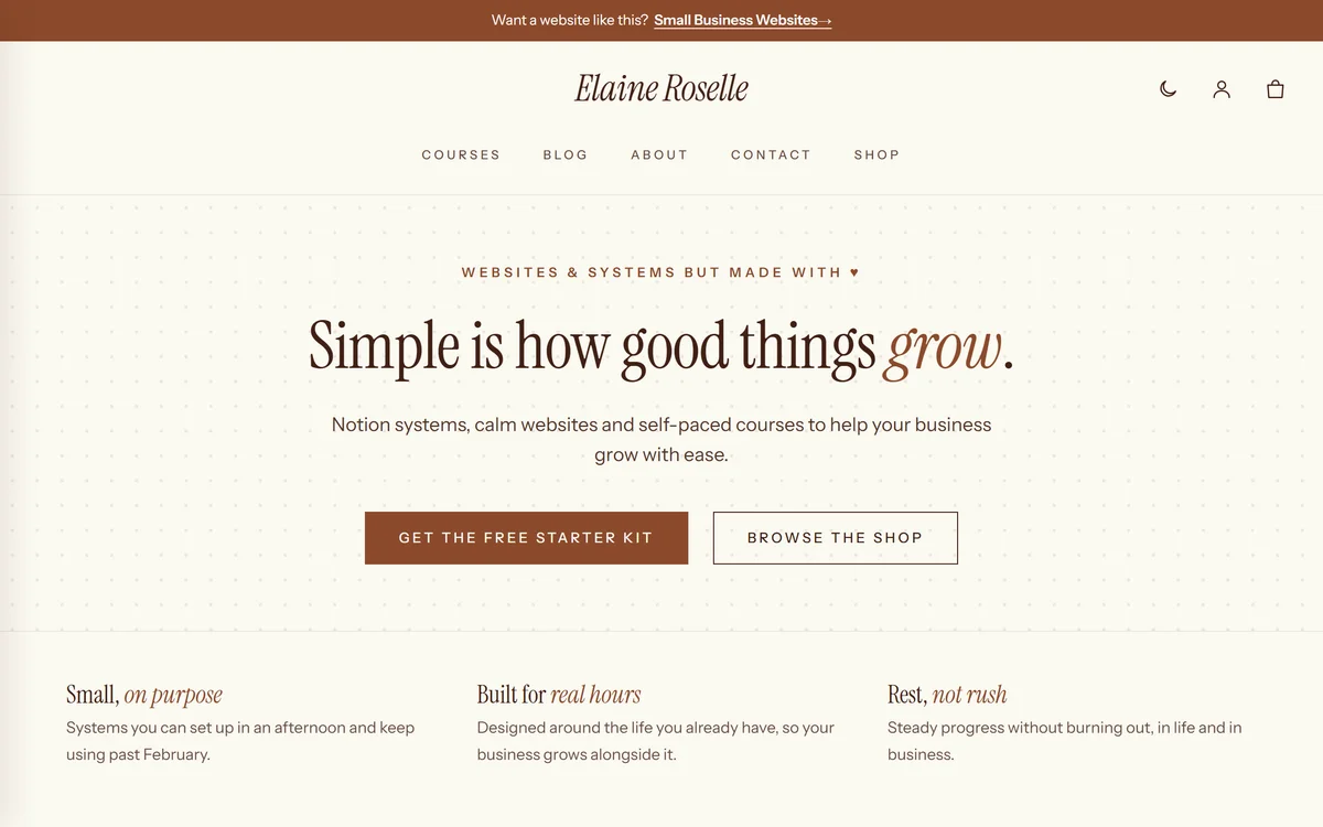 elaineroselle.com homepage: the headline "Simple is how good things grow." on a soft cream background.